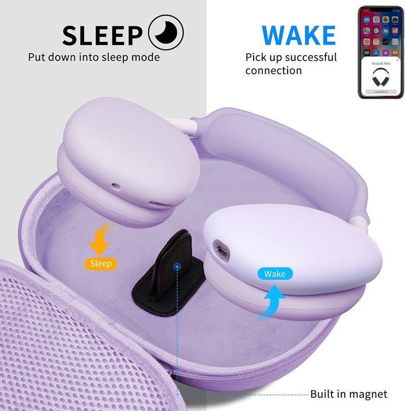 MINDRESY Hard Case for AirPods Max Supports Sleep Mode, Travel Carrying Headphone Case with AirPods Max Silicone Earpad Case/Ear Cups/Headband Cover, AirPod Max Protective Portable Storage Bag (Pastel Lilac) - Image 3